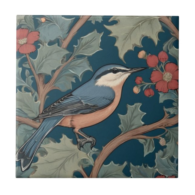 Azulejo De Cerâmica William Morris estilo Right Facing Nuthatch Bird (Frente)
