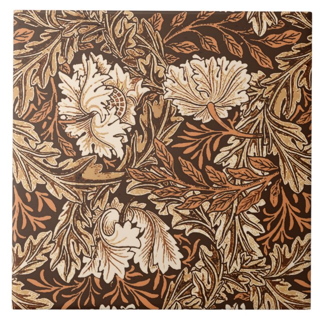 Azulejo De Cerâmica William Morris floral, castanho chocolate e bege (Frente)