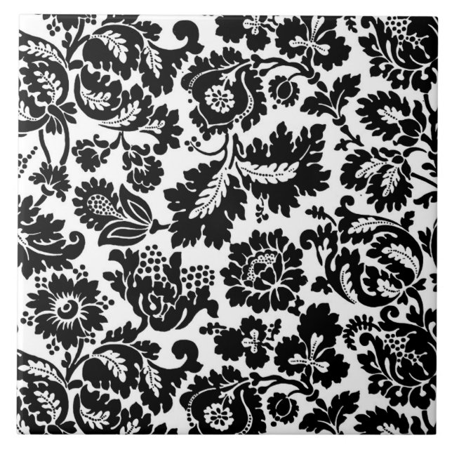 Azulejo De Cerâmica William Morris Floral Damask, Preto em Branco (Frente)