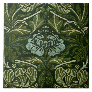 Azulejo De Cerâmica William Morris Grandes Folhas Verdes e Flor Azul