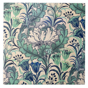 Azulejo De Cerâmica William Morris Green Teal Cream Padrão Floral
