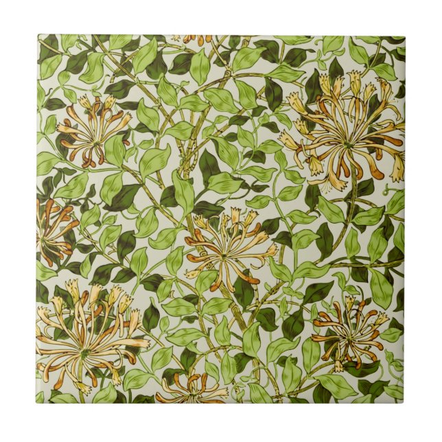 Azulejo De Cerâmica William Morris Honeysuckle Flores Verdes (Frente)