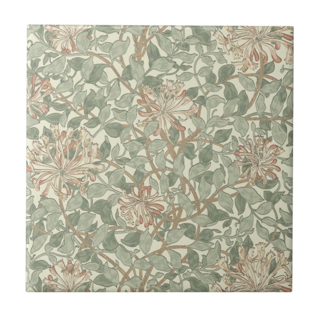 Azulejo De Cerâmica William Morris Honeysuckle Green Floral (Frente)