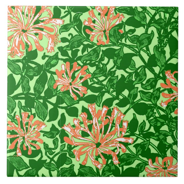 Azulejo De Cerâmica William Morris Honeysuckle, Peach e Green (Frente)