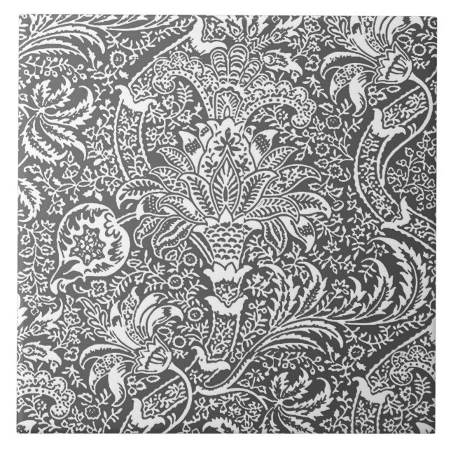 Azulejo De Cerâmica William Morris Indian, Graphite Cinza e White (Frente)