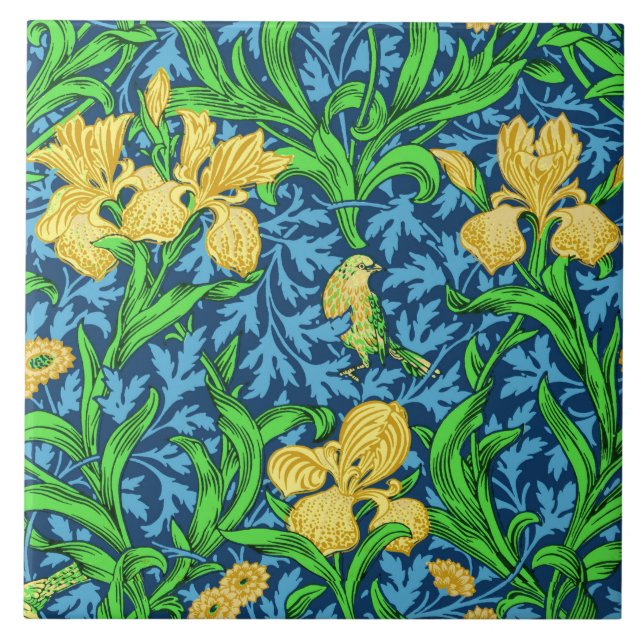 Azulejo De Cerâmica William Morris Irises, Amarelo e Cobalto Azul (Frente)