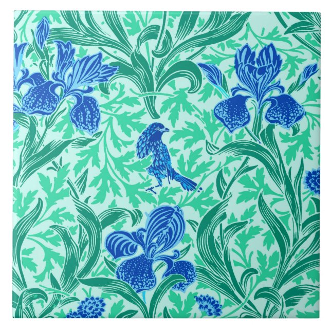 Azulejo De Cerâmica William Morris Irises, Cobalto Azul, Aqua e Teal (Frente)