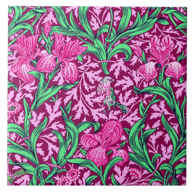Azulejo De Cerâmica William Morris Irises, Fuchsia Pink e Wine (Frente)