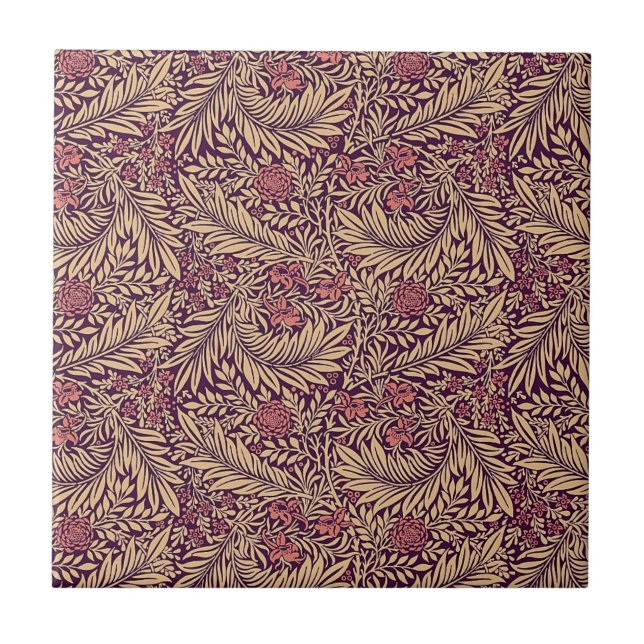 Azulejo De Cerâmica William * Morris Larkspur Floral Dourada Burgundy (Frente)