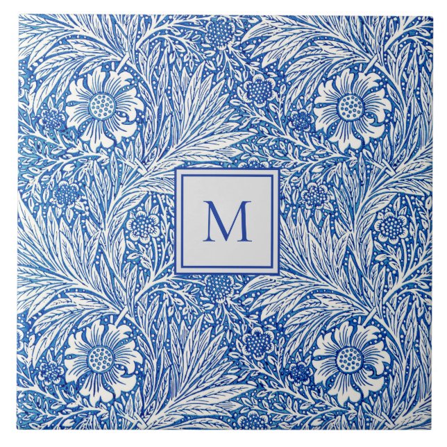 Azulejo De Cerâmica William Morris Marigold Blue Monograma (Frente)