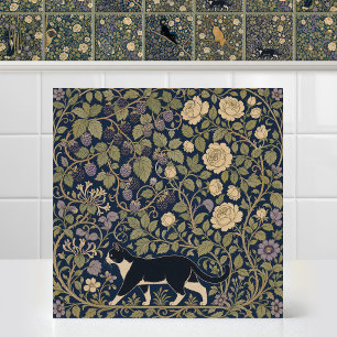 Azulejo De Cerâmica William Morris Preto Branco Gato Linha de Base Dos