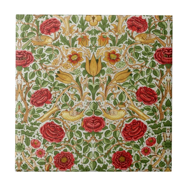 Azulejo De Cerâmica William Morris Rosa e Birds Chintz Red (Frente)