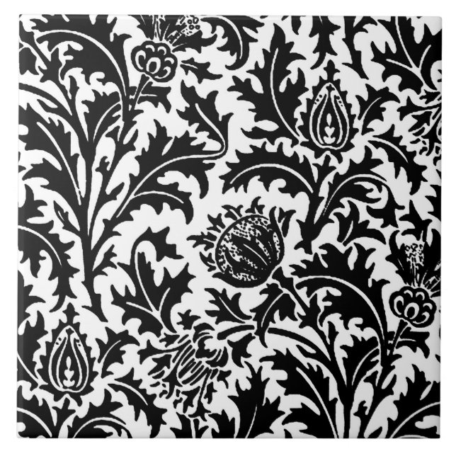 Azulejo De Cerâmica William Morris Thistle Damask, Preto a Branco (Frente)