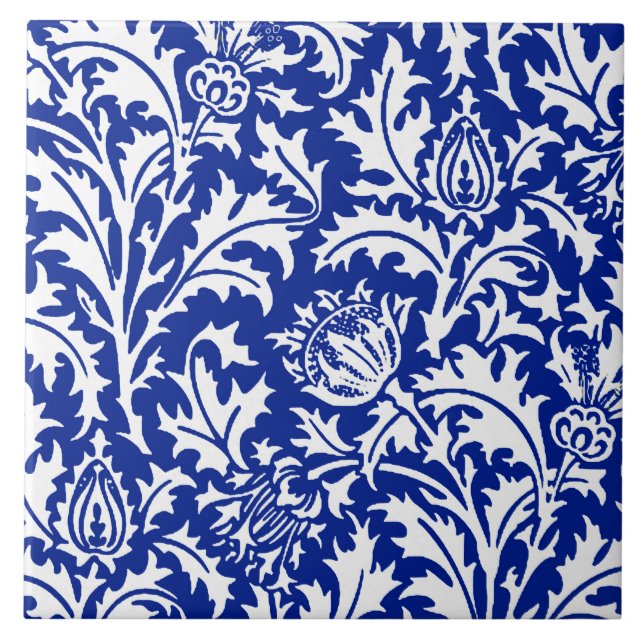 Azulejo De Cerâmica William Morris Thistle Damask White em Cobalto Azu (Frente)