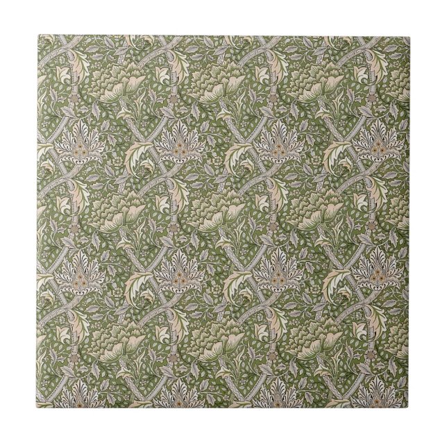 Azulejo De Cerâmica William * Morris Windrush Taupe Botânica Verde | (Frente)