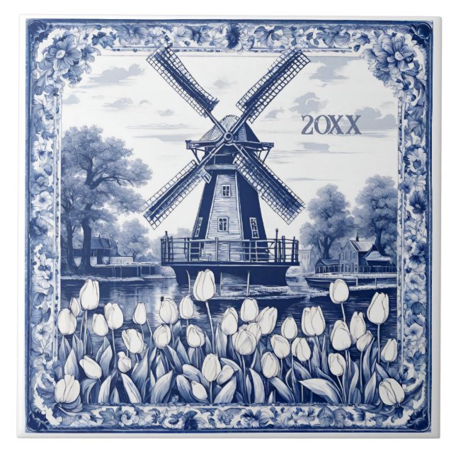Azulejo De Cerâmica Windmill Blue Delft Holland Personalizado (Frente)