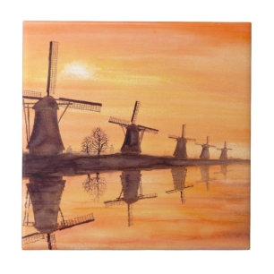 Azulejo De Cerâmica Windmills Sunset - Impressão a Aquarela