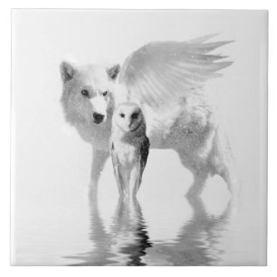 Azulejo De Cerâmica Winged Wolf and Owl Fantasy Art