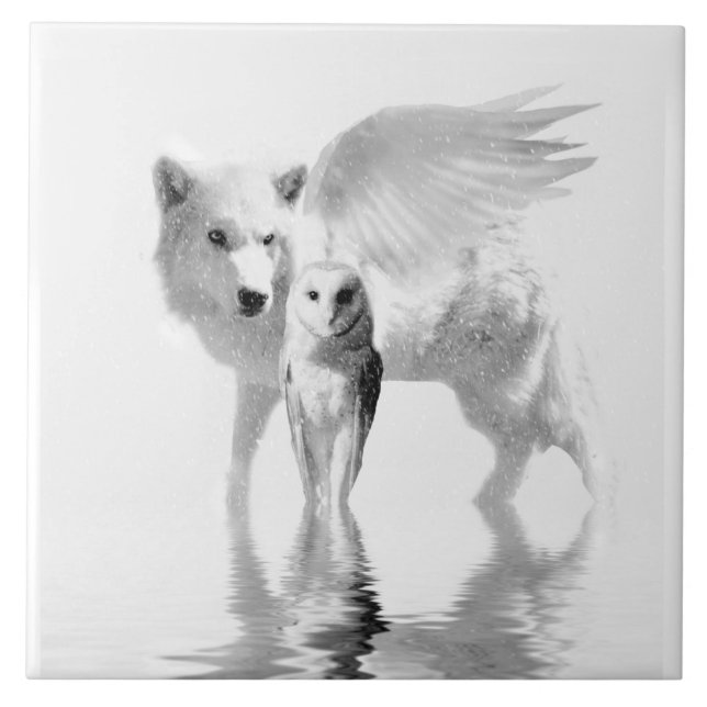 Azulejo De Cerâmica Winged Wolf and Owl Fantasy Art (Frente)