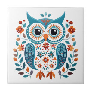 Azulejo De Cerâmica Wise Blue Owl Scandinavian Folk Art