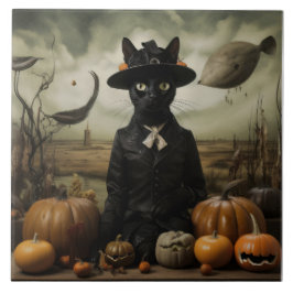 Azulejo De Cerâmica Witch Cat with Pumpkins 