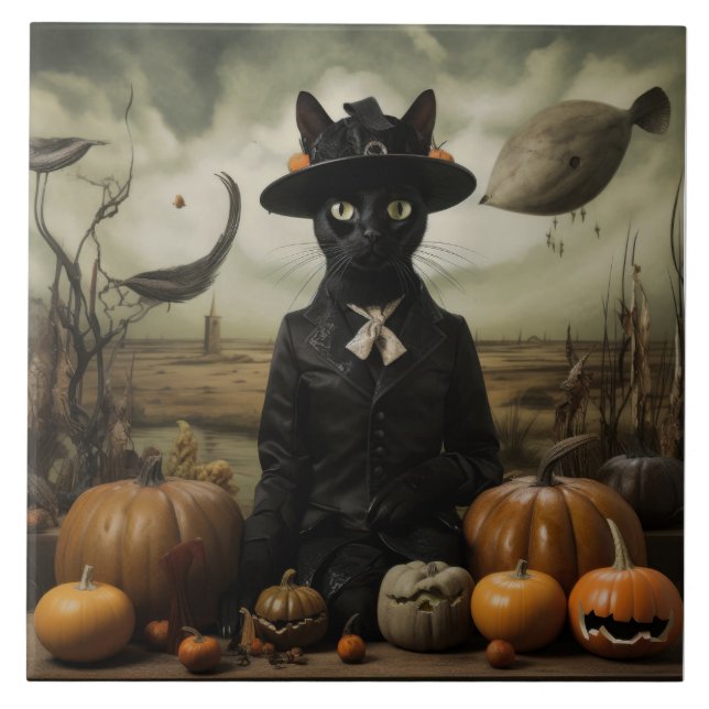 Azulejo De Cerâmica Witch Cat with Pumpkins  (Frente)