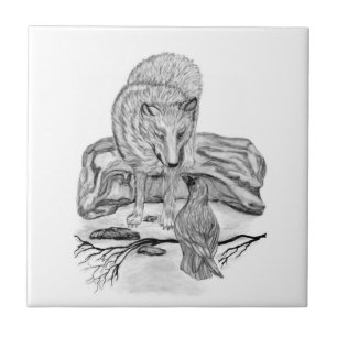 Azulejo De Cerâmica Wolf e Raven design preto e branco