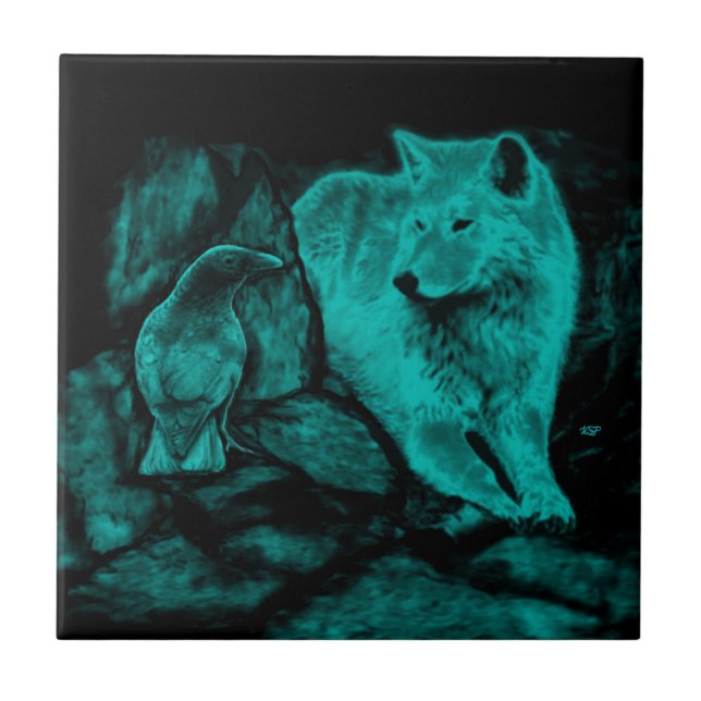 Azulejo De Cerâmica Wolf e Raven na Noite (Frente)