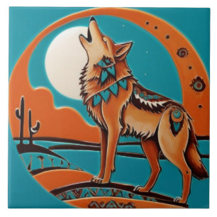 Azulejo De Cerâmica Wolf Howl Sudoeste Laranja Turquoise