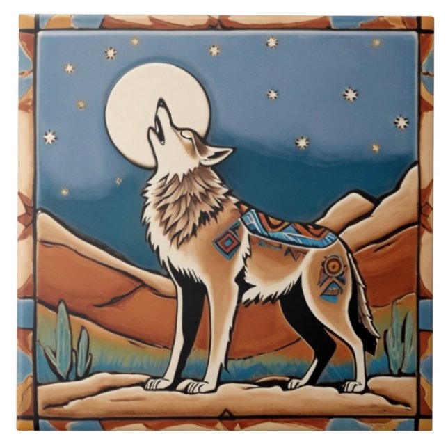 Azulejo De Cerâmica Wolf Howling em Moon no Sudoeste (Frente)