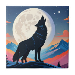 Azulejo De Cerâmica Wolf Howling Na Lua