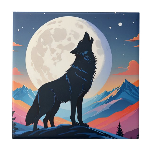 Azulejo De Cerâmica Wolf Howling Na Lua (Frente)