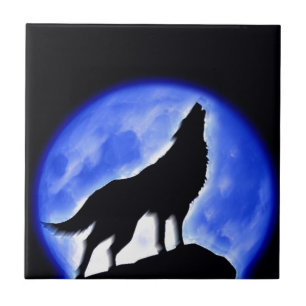Azulejo De Cerâmica Wolf Howling na Lua