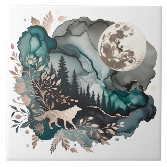 Azulejo De Cerâmica Wolf Landscape & Moon Teal Dourado (Frente)