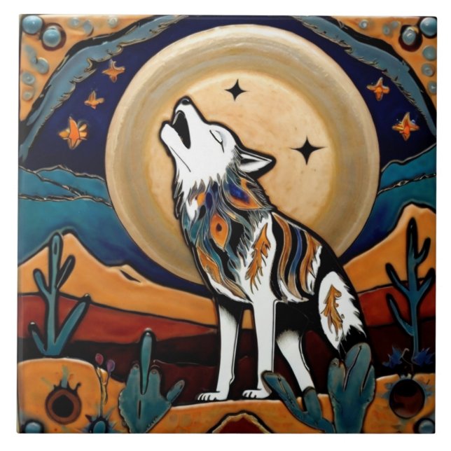 Azulejo De Cerâmica Wolf Moon Howl Estilo Sudoeste (Frente)