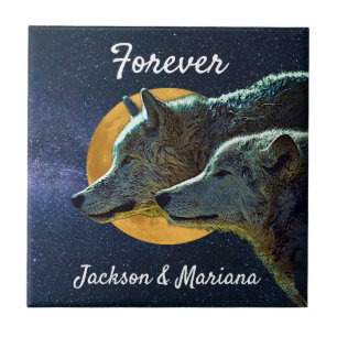 Azulejo De Cerâmica Wolf Pair e Full Moon