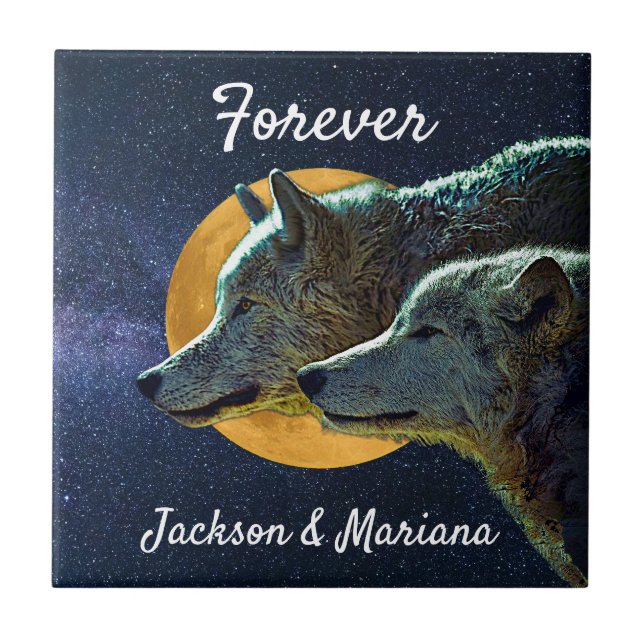 Azulejo De Cerâmica Wolf Pair e Full Moon (Frente)