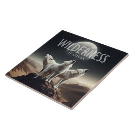 Azulejo De Cerâmica Wolves Howling em Full Moon Wilderness está chaman