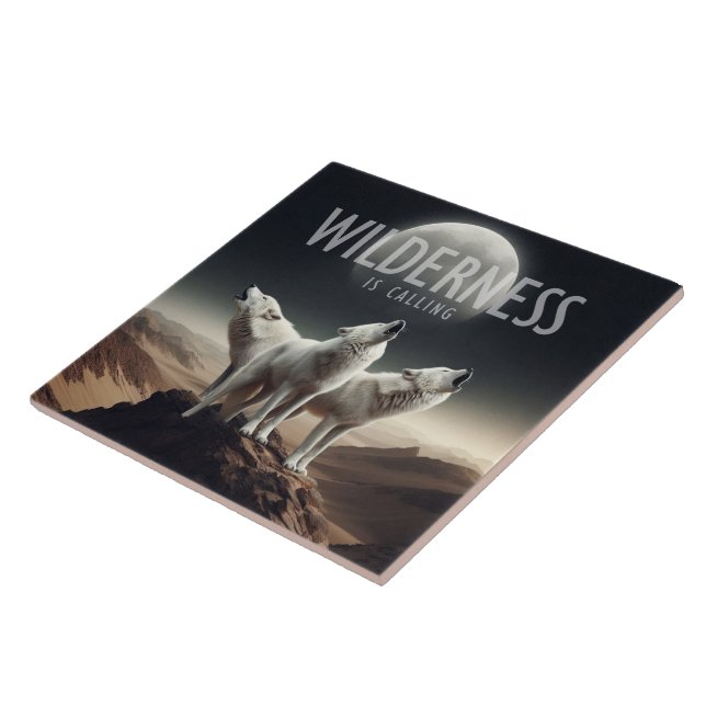 Azulejo De Cerâmica Wolves Howling em Full Moon Wilderness está chaman (Lateral)