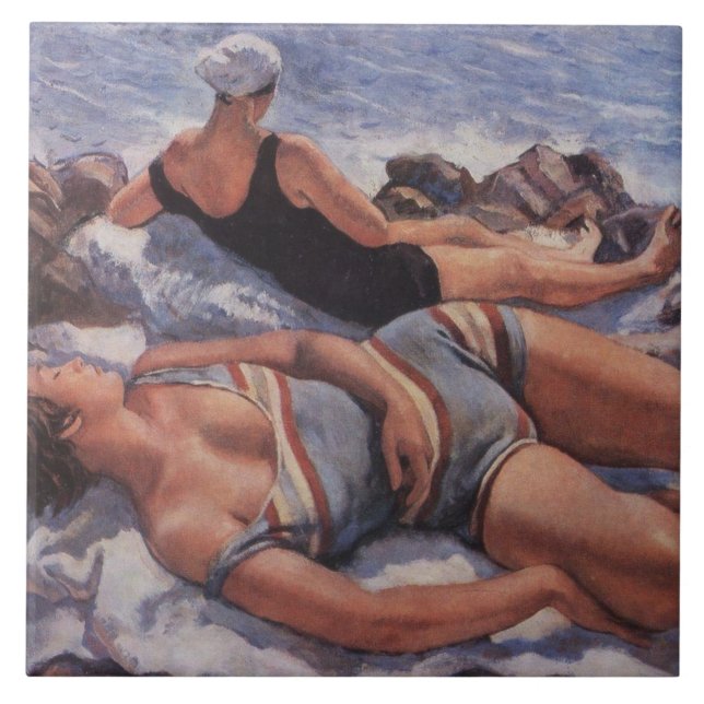 Azulejo De Cerâmica Women Sunbelt on the Beach (por Serebriakova) (Frente)
