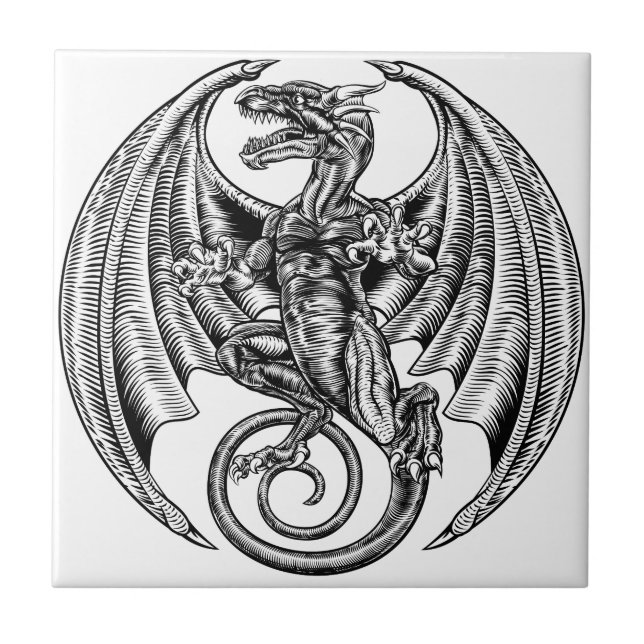 Azulejo De Cerâmica Woodcut voado do dragão (Frente)