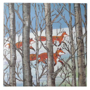Azulejo De Cerâmica Woodland Red Fox Forest Scene Primavera Neve Céu