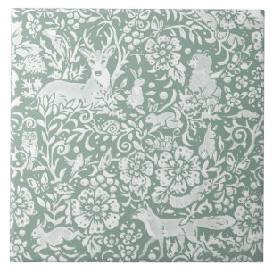 Azulejo De Cerâmica Woodland Sage Green Forest Animais Veados Raposa C