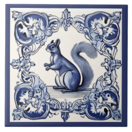 Azulejo De Cerâmica Woodland Squirrel Animal Art Marinho Azul e Branco