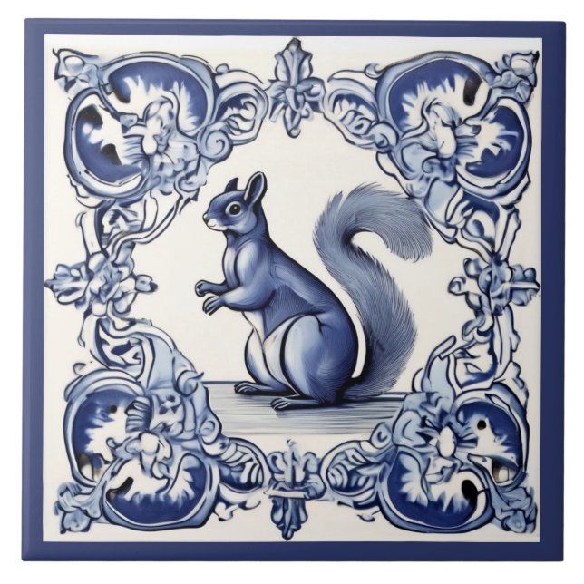 Azulejo De Cerâmica Woodland Squirrel Animal Art Marinho Azul e Branco (Frente)