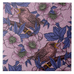 Azulejo De Cerâmica Wren e hellebore, rosa e violeta