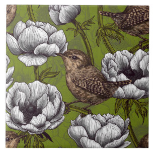 Azulejo De Cerâmica Wrens no jardim branco de anêmonas