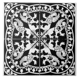 Azulejo De Cerâmica Wyvern Griffin Beast Medieval Black White Antique