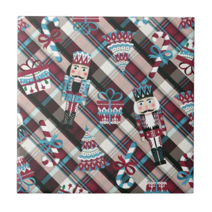 Azulejo De Cerâmica Xadrez de Nozes de Natal Blue Burgundy
