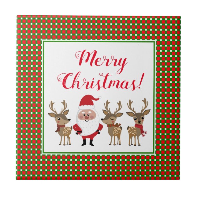 Azulejo De Cerâmica Xadrez Feliz Natal, Pai Natal Reindeer (Frente)